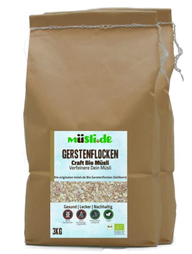 müsli.de BIO Gerstenflocken 1x3kg, für eine vegane Ernährung geeignet. Knackiger Geschmack dank Vollkornflocken. Starte klassisch in den Tag! (3kg Beutel (2 Stück)) von müslide