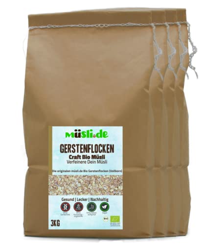 müsli.de BIO Gerstenflocken 1x3kg, für eine vegane Ernährung geeignet. Knackiger Geschmack dank Vollkornflocken. Starte klassisch in den Tag! (3kg Beutel (4 Stück)) von müslide