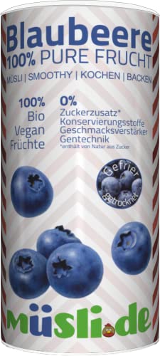 müsli.de Bio Gefriergetrocknete Blaubeeren in der 150g Dose. Packe die geballte Ladung an Vitaminen und Geschmack in dein Müsli, Porridge oder Smoothie. von müslide