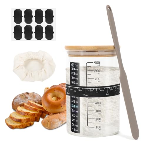 mumisuto 900ml Sauerteig Starter Set, Sauerteig Glas mit Holzdeckel & Silikonspatel & Temperaturetikett & Tuch Kappe, Brotbackzubehör für Hefegärung Verwendet Werden mumisuto 900ml Sauerteig Starter Set, Sauerteig Glas mit Holzdeckel & Silikonspatel & Temperaturetikett & Tuch Kappe, Brotbackzubehör für Hefegärung Verwendet Werden von mumisuto