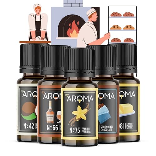 myAROMA Flavour Drops Set, Backstube 10mlx5, Schokolade, Butter, Rum, Kokosnuss, Vanille Flavour Set, Vegan Flavor Drops Zuckerfrei, Kalorienfrei Lebensmittelaroma zum Backen, und Trinken von my AROMA