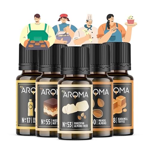 myAROMA Flavour Drops Set, Meisterbäcker 10mlx5, Karamell, Mandel, Nuss-Nougat, Eierlikör, Marzipan Flavour Set, Vegan Flavor Drops Zuckerfrei, Kalorienfrei Lebensmittelaroma zum Backen, und Trinken von my AROMA