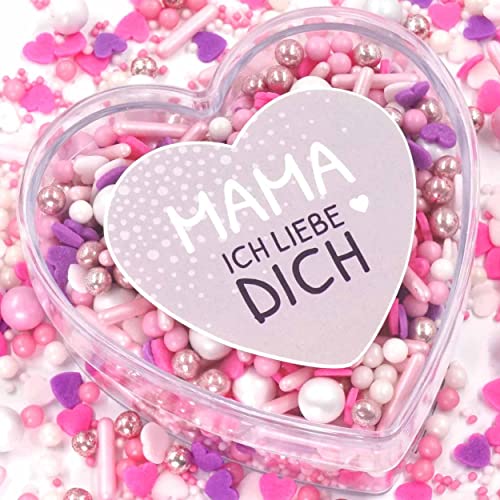 Dornröschen Geschenkherz rosa weiss 160g Mama Ich LIEBE DICH von STREUSEL GLÜCK Geschenk für Mutter Geburtstag Weihnachten Muttertag Zuckerstreusel für Torte Kuchen Cupcakes Plätzchen von mySprinkles wir streuseln Liebe