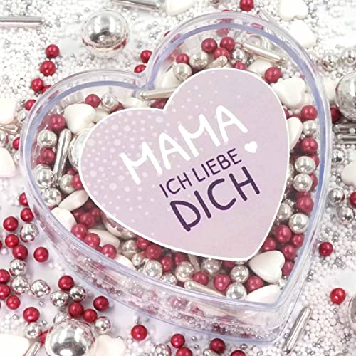 Sissi Geschenkherz weiss silber rot 160g Mama Ich LIEBE DICH von STREUSEL GLÜCK Geschenk für Mutter Geburtstag Weihnachten Muttertag Zuckerstreusel für Torte Kuchen Cupcakes Plätzchen von mySprinkles wir streuseln Liebe