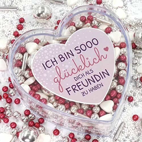 Sissi Geschenkherz weiss silber rot 160g rosa rot von STREUSEL GLÜCK Herz ICH BIN SOOO glücklich Geschenk Mitbringsel Idee Geburtstag beste Freundin Frauen Kollegin Zuckerstreusel Torte Kuchen von mySprinkles wir streuseln Liebe