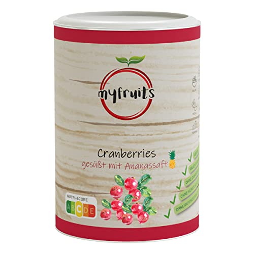 myfruits getrocknete Cranberries mit Ananassaft, 425g, ohne raffinierten Zucker, Trockenfrüchte zum Snacken oder für Salate von myfruits