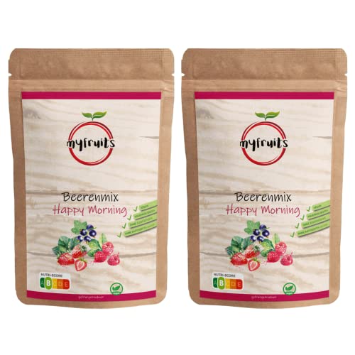 myfruits Beerenmix Happy Morning, Mischung aus gefriergetrockneten Früchten, 600g (2x300g), ohne Zusätze, Erdbeerscheiben, Himbeeren, schwarze Johannisbeeren von myfruits