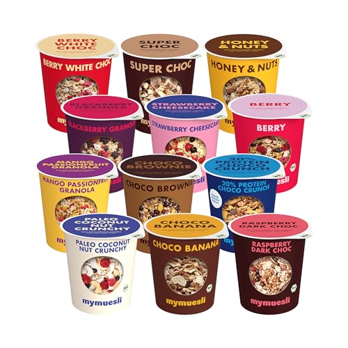 mymuesli BIO Müsli 12er Mix 2Go DELUXE - Super schokoladig bis zu aromatisch fruchtig - Abwechslungsreiche Sorten im praktischen Portionsbecher to go für Schule, Arbeit oder Unterwegs – Ohne Palmöl mymuesli BIO Müsli 12er Mix 2Go DELUXE - Super schokoladig bis zu aromatisch fruchtig - Abwechslungsreiche Sorten im praktischen Portionsbecher to go für Schule, Arbeit oder Unterwegs – Ohne Palmöl von mymuesli