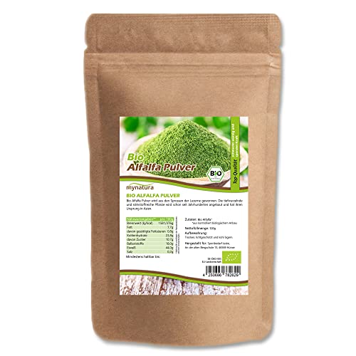 Mynatura Bio Alfalfa Pulver I Pflanzen Pulver I Smoothie I Proteinshake I Vegan I Naturprodukt I Tee I Luzerne I Im Beutel (500g) von mynatura