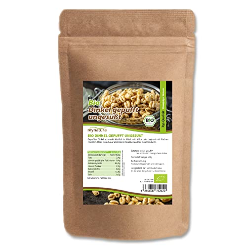 Mynatura Bio Dinkel gepufft I Ungesüßt I Getreide I Vollkorndinkel I Plastikfrei I Snack I Müsli I Kochen I Backen I Naturprodukt I Im Beutel (1x 400g) von mynatura