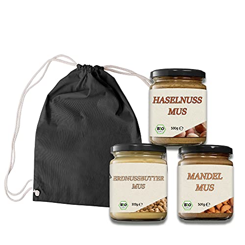 Mynatura Bio Mus-Set 1 I Haselnussmus I Erdnusbuttermus I Mandelmus I Aufstrich I Nussmus I Mus I Kochen I Backen I 1500g (Baumwoll Gymbag) von mynatura