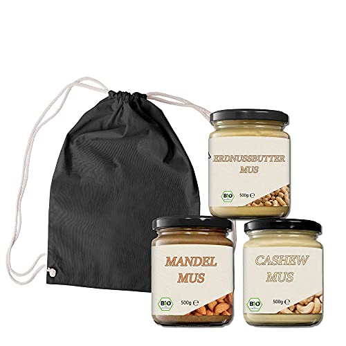 Mynatura Bio Mus-Set 3 I Cashewmus I Mandelmus I Erdnussbuttermus I Nussmus I Mus I Kochen I Backen I 1500g (Gymbag) von mynatura