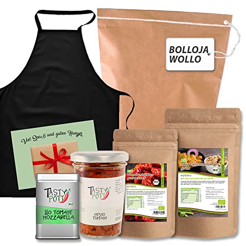 Mynatura Bollojawollo Set I Bio Tomatenhälften + Tasty Pott Pesto Tomato + Tasty Pott Bio Tomate Mozzarella Würze + Soja Geschnetzeltes Grob + Kochschürze+ Karte I Feinkost von mynatura