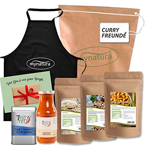 Mynatura Curry Freunde I Bio Kichererbsen + Tasty Pott fruchtige Currysoße + Bio Basmatireis + Tasty Pott Curry Madras + Cashewkerne Curry + Kochschürze + Karte I Set I Kochen I Würzen von mynatura