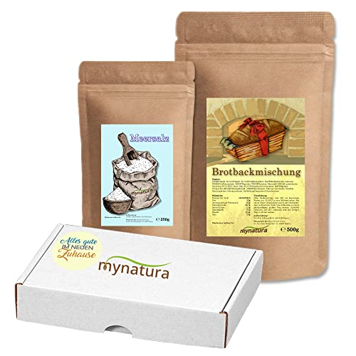 Mynatura Geschenk Set zum Einzug – Brot und Salz I Brotbackmischung I Meersalz I Geschenkbox I Alles Gute I Umzugsgeschenk I Backset I Feinkost I Einweihungsgeschenk von mynatura