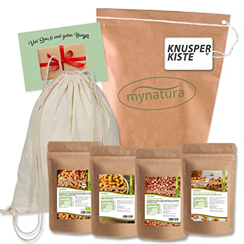 Mynatura Knusperkiste I geröstete Maiskörner BBQ + Reiscracker Chili + Cashewkerne Curry + Bio Sojasnack würzig + Gymbag + Karte I Set I Knabbern I Knusprig von mynatura