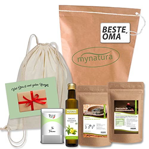 Mynatura Mädels Kiste I Geschenk Set für Mama, Oma, die Schwester, die Tante oder die Cousine I Wählbar I Tee I Früchte I Schokolade I Pflegeöl I Baumwoll Beutel I Karte (Für die beste Oma) von mynatura