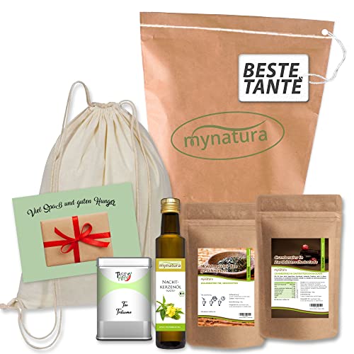 Mynatura Mädels Kiste I Geschenk Set für Mama, Oma, die Schwester, die Tante oder die Cousine I Wählbar I Tee I Früchte I Schokolade I Pflegeöl I Baumwoll Beutel I Karte (Für die beste Tante) von mynatura