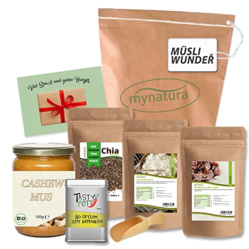 Mynatura Müsliwunder I Bio Cashewmus + Chia Samen + Kokoschips + Weinbeere + Tasty Pott Bio Ceylon Zimt + Löffel + Karte I Frühstück I Müsli I Snack von mynatura