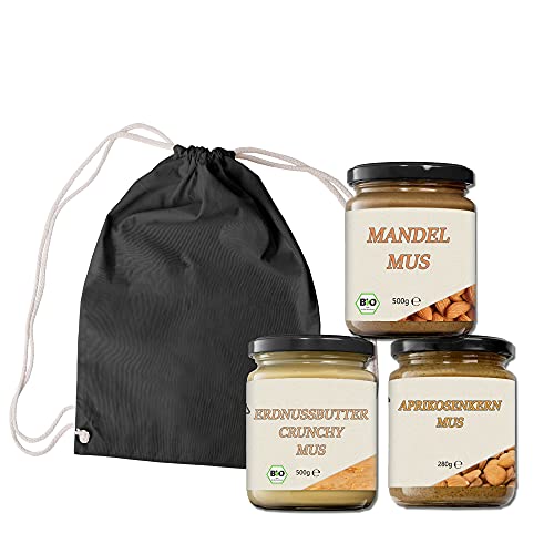 Mynatura Mus-Set 6 I Crunchy Bio Erdnussmus I Bio Mandelmus I Aprikosenkernmus I Aufstrich I Nussmus I Mus I Kochen I Backen I 1280g (Gymbag) von mynatura