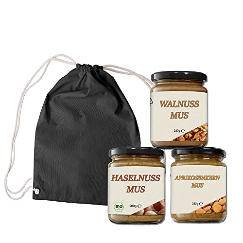 Mynatura Mus-Set 9 I Walnussmus I Bio Haselnussmus I Aprikosenkernmus I Aufstrich I Nussmus I Mus I Kochen I Backen I 960g (Gymbag) von mynatura