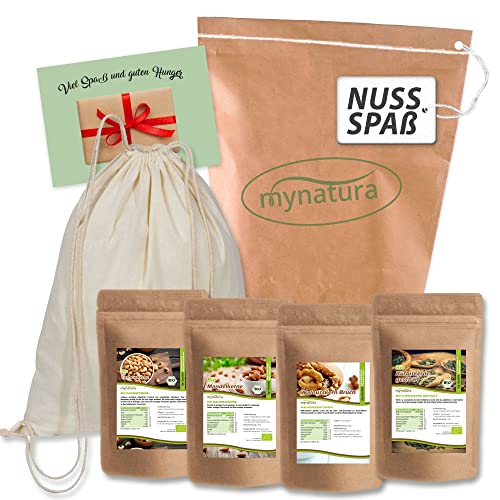 Mynatura Nussspaß I Bio Cashewkerne + Bio Mandeln unbehandelt mit Haut + Walnusskern Bruch + Bio Kürbiskerne + Gymbag + Karte I Set I Nüsse I Knabbern I Snack von mynatura