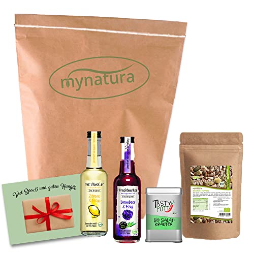 Mynatura Salat Set I Tasty Pott Bio Salatkräuter + Fruchtwerker Zitrone & Essig + Mynatura Salat-Topping + Fruchtwerker Brombeere & Essig I Salatbowl I Kochen von mynatura