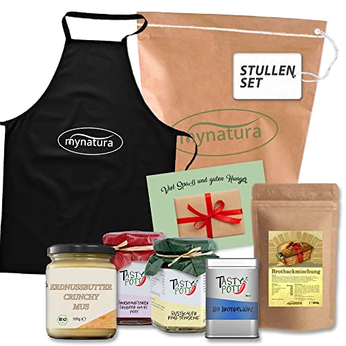 Mynatura Stullen Set I Brotbackmischung + Tasty Pott Bio Brotgewürz + Bio Erdnussmus Crunchy + Tasty Pott Fruchtaufstrich Erdbeer Ma-Ki Pott + Tasty Pott Kniftensenf + Kochschürze + Karte von mynatura