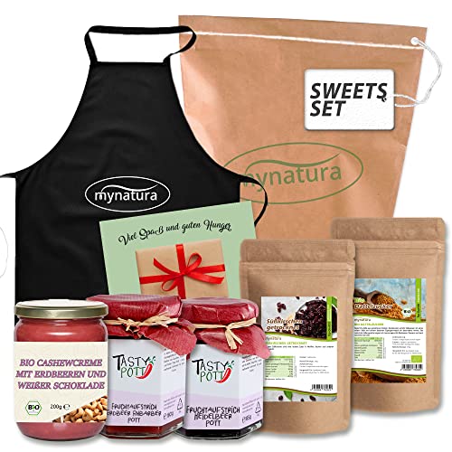 Mynatura Sweets Set I Bio Dattelzucker + Tasty Pott Fruchtaufstrich Heidelbeer und Fruchtaufstrich Erdbeer Rhabarber + Bio Cashewcreme mit Erdbeeren + Süßkirschen + Kochschürze + Karte von mynatura