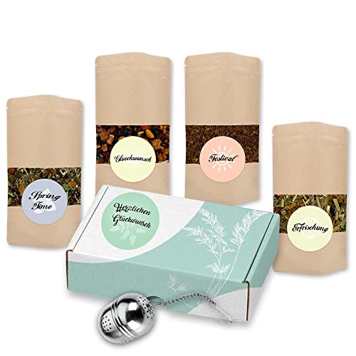 Mynatura Tee Boxen I Verschiedene Tee-Sets I Teesieb I Geschenkbox I Geschenk I Früchtetee I Kräutertee I Schwarzer Tee I Im Karton (Herzlichen Glückwunsch Box) von mynatura