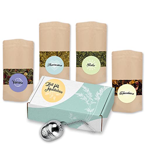 Mynatura Tee Boxen I Verschiedene Tee-Sets I Teesieb I Geschenkbox I Geschenk I Früchtetee I Kräutertee I Schwarzer Tee I Im Karton (Zeit für Meditation Box) von mynatura