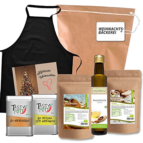 Mynatura Weihnachtsbäckerei I Bio Dinkelmehl + Tasty Pott Bio Ceylon Zimt + Bio Dattelzucker + Bio Mandelöl Tasty Pott Bio Apfelstücke + Kochschürze + Karte I Set Kekse Kuchen Backen von mynatura