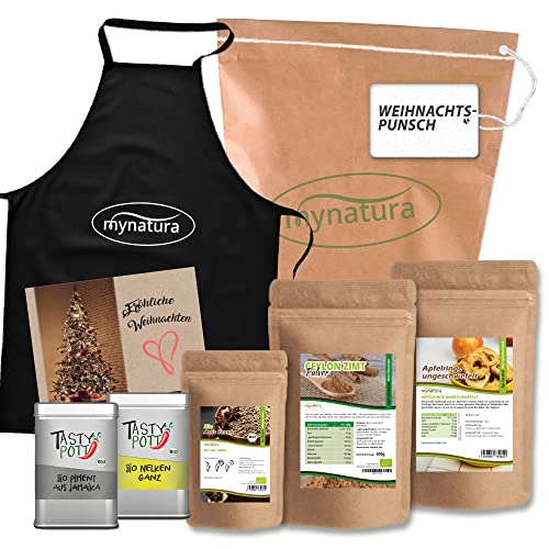 Mynatura Weihnachtspunsch Set I Bio Anis Samen + Tasty Pott Bio Nelken + Ceylon Bio Zimt + Tasty Pott Bio Piment + Apfelringe + Kochschürze + Karte von mynatura