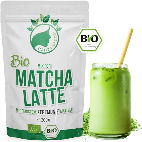 NanaNatura's Bio Matcha Latte Mix mit 22% Ceremonial Grade Grüntee Pulver aus Japan | für einfach leckeren Tee Genuß | auch für Eis & Gebäck von nananatura