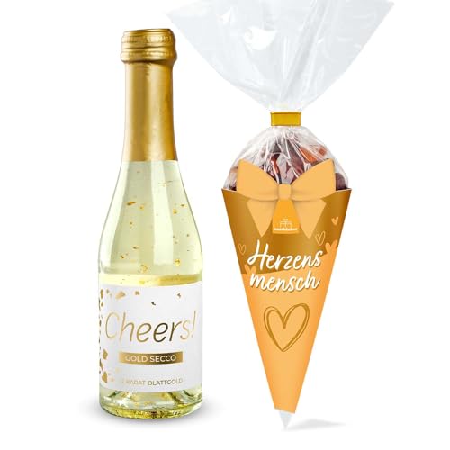 2er-Set Gold Secco Cheers! + Fruchtgummi Herzensmensch 100g | Bundle zum Verschenken | Geschenk für Hochzeit, Geburtstag oder Valentinstag | Geschenk für Freundin | Prosecco mit Gold | Gummibärchen von naschlabor