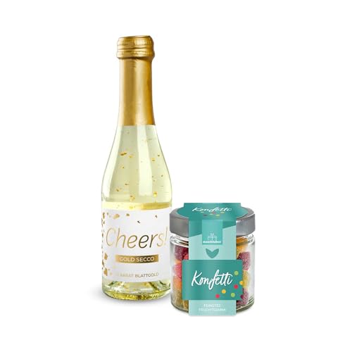 2er-Set Gold Secco Cheers! + Fruchtgummi Konfetti 120g | Sekt | Schaumwein | Gold-Sekt | Blattgold | Party | Geschenk | Silvester von naschlabor