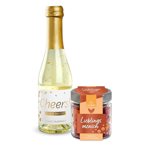 2er-Set Gold Secco Cheers! + Fruchtgummi Lieblingsmensch 120g | Bundle zum Verschenken | Geschenk für Hochzeit, Geburtstag oder Valentinstag | Geschenk für Freundin | Prosecco mit Gold | Gummibärchen von naschlabor