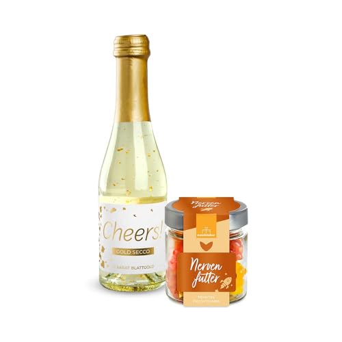 2er-Set Gold Secco Cheers! und Fruchtgummi Nervenfutter 120g | Nervennahrung | Entspannung | Me time | Anti Stress | Geschenk für die beste Freundin | süßes Mitbringsel | Prosecco | Sekt | Gold Secco von naschlabor