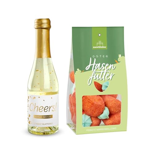 2er-Set Gold Secco Cheers! und Marshmallows Hasenfutter | Osterhase | Ostergeschenk | Gold Sekt | Geschenk für Freundin | Edler Prosecco | Perfekt für festliche Anlässe | Exklusive Geschenkidee von naschlabor