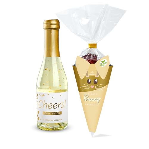 2er-Set Gold Secco Cheers! und Candytüte Some Bunny Special | vegan | vegane Gummibärchen | veganer Osterhase | Ostergeschenk | Sekt | Prosecco mit Gold | Schaumwein Gold von naschlabor