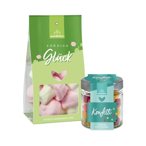 2er Set Silvester Marshmallows Viel Glück 100g + Fruchtgummi Konfetti 120g | Geschenk für Neujahr | Gummibärchen Geschenk für Silvester | Geschenk für deine Liebsten von naschlabor