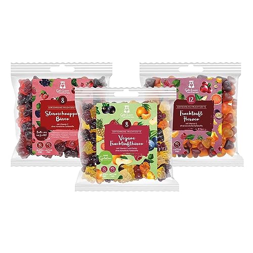 3er-Set 150g leckere Fruchtgummi | Sternschnuppen Bären, Fruchtsaftherzen und Vegane Fruchtgummis | Zum Verschenken | Party-Paket von naschlabor