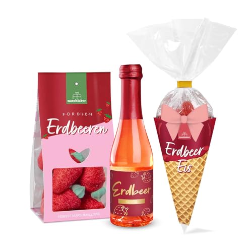 Erdbeer 3er-Set | Fruchtgummi, Marshmallows und Secco (200ml) mit Erdbeergeschmack | Saure Fruchtgummis und Marshmallows | Sommer Geschenk | Für Partys und Grillabende von naschlabor