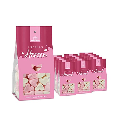 15 Stück Pinke Marshmallow Herzen | Das mini Geschenk für deine Liebsten | Marshmallow Herz | Geschenkverpackung mit Marshmallows | Großverpackung von naschlabor
