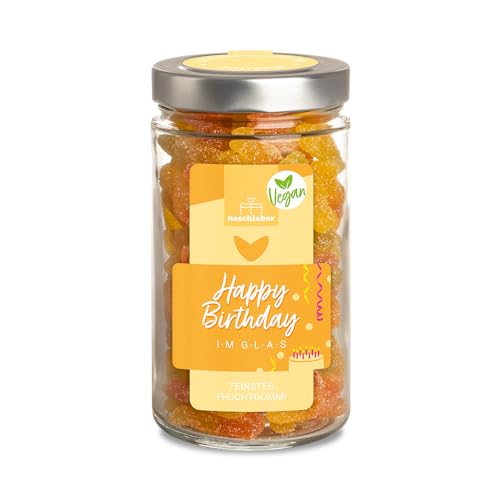 Vegan Happy Birthday im Glas 530g | Fruchtgummi Geburtstagsgeschenk | Fruchtige Gummibärchen im XL-Vorratsglas | Das perfekte Geschenk zum Geburtstag für Groß und Klein von naschlabor