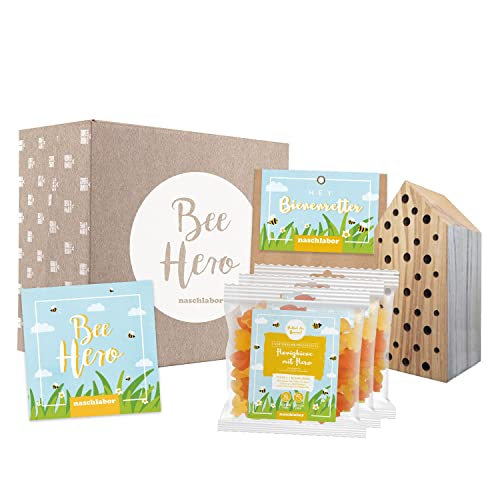 naschlabor Bienen-Box | Honigbiene mit Herz Fruchtgummi | Naschen und Gutes tun: 1 Tüte = 1 Blühfläche | Rettet die Bienen (Bienen-Box + Nistblock) | Bienen retten von naschlabor