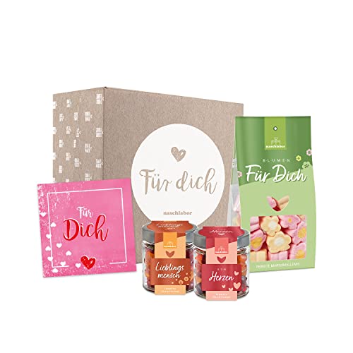 naschlabor Love Box Exklusiv | süße Valentinstag Box für sie und ihn | aromatische Fruchtgummi Herzen in hochwertigen Gläsern, Marshmallow Blumen mit Karte und Geschenk Verpackung von naschlabor