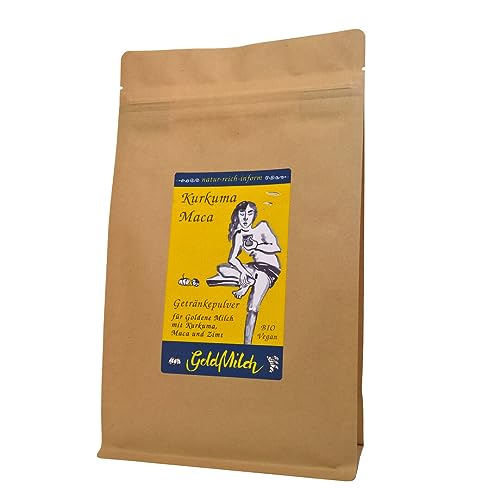 GoldMilch - Kurkuma Maca. Ein gewürztes Getränkepulver mit aromatischerm Kokosblütenzucker, 16% Kurkuma, 16% Maca und Gewürzen, für Goldene Milch frei nach der indischen Ayurvedalehre. von natur-reich-inform
