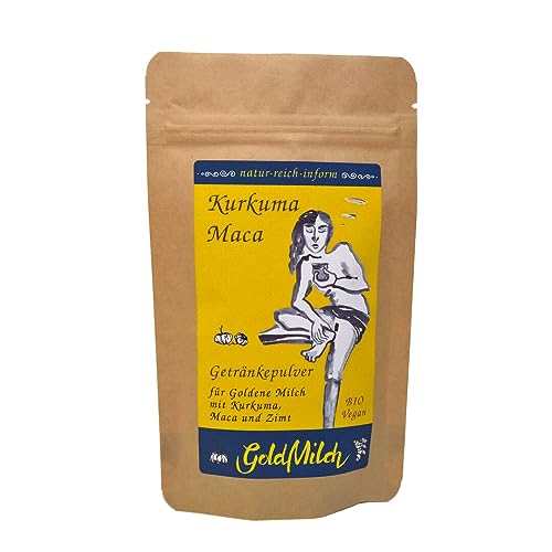 GoldMilch - Kurkuma Maca. Ein gewürztes Getränkepulver mit aromatischerm Kokosblütenzucker, 16% Kurkuma, 16% Maca und Gewürzen, für Goldene Milch frei nach der indischen Ayurvedalehre. von natur-reich-inform