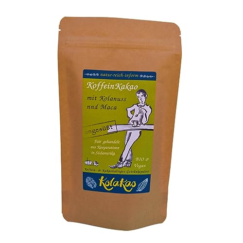 KolaKao mit Maca, ungesüßt - der KoffeinKakao mit 50% koffeinhaltiger Kolanuss und 15% Maca, schokoladig durch Criollo-Edelkakao, mit einer Tonkanote und gänzlich ohne Zuckerzugabe. von natur-reich-inform